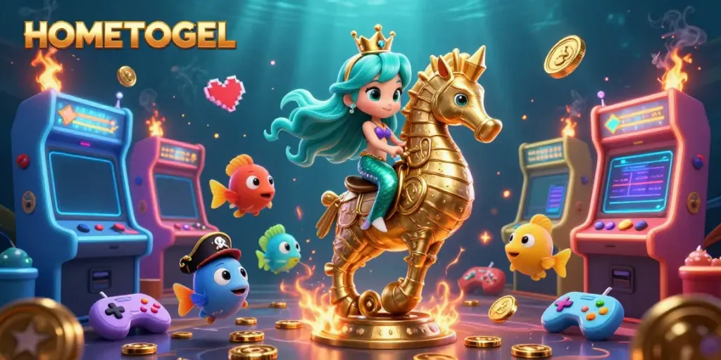 Experience the thrill of HOMETOGEL with vibrant 3D casino graphics featuring a mermaid, seahorse, and interactive game elements.