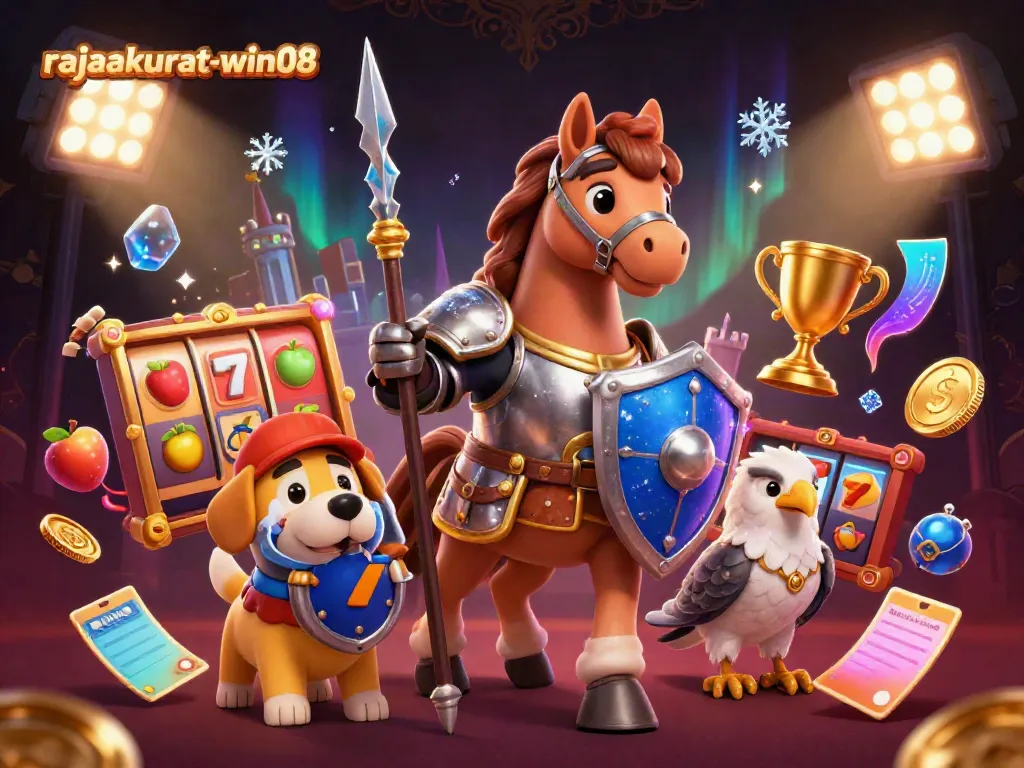 Engage with rajaakurat-win08 in a vibrant 3D casino illustration featuring slot reels and a knight.