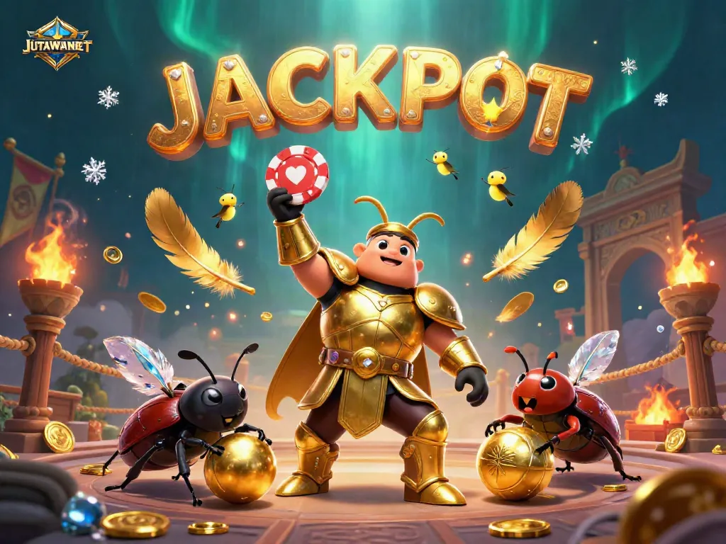 Experience the excitement of JUTAWANBET with a victorious beetle in a dynamic gambling scene featuring poker chips and golden elements.