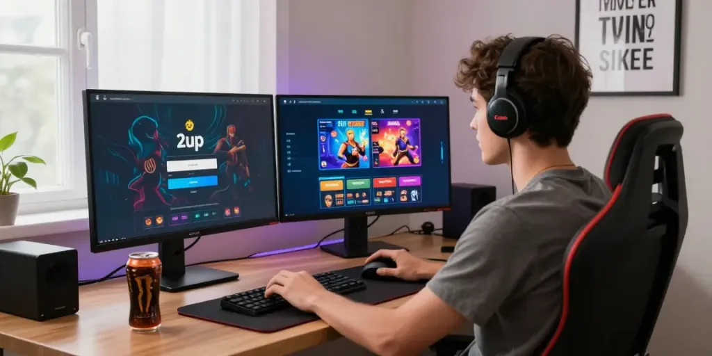 2up login interface displayed on dual monitors in a modern gaming setup with a young adult.