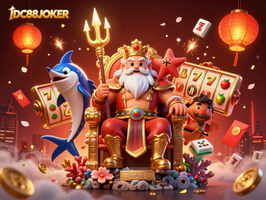 Experience thrilling gaming excitement with IDC88JOKER, showcasing vibrant slot reels and characters in a magical 3D setting.