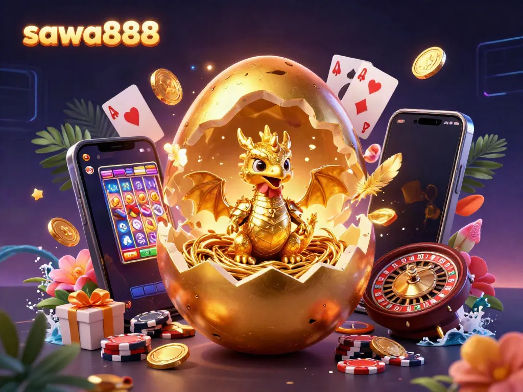 Engage with sawa888 through a vibrant scene of a golden dragon and casino games, depicting excitement and fun.
