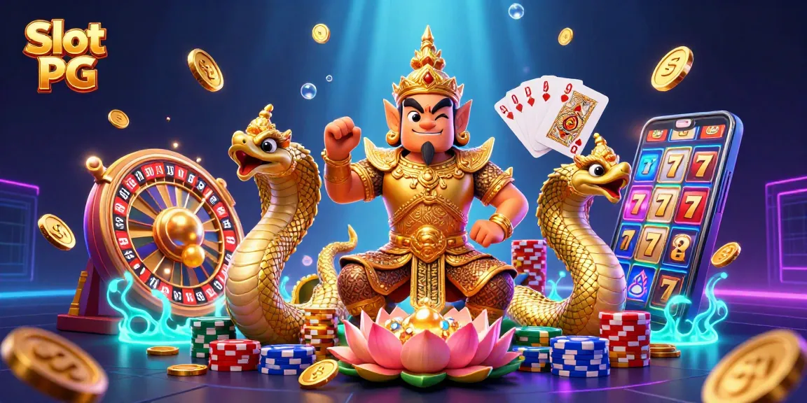 Experience the excitement of Slot PG with a vibrant 3D illustration showcasing thrilling slot reels and casino elements.