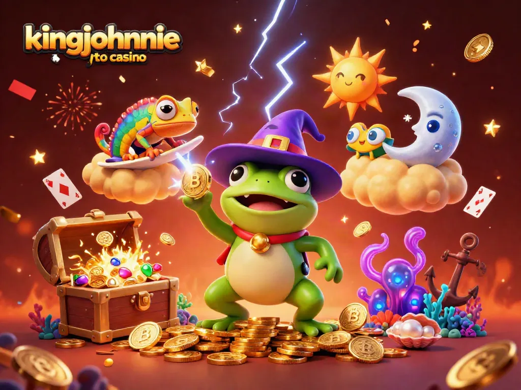 Experience the thrills at kingjohnnie crypto casino with vibrant visuals of a wizard frog and rainbow chameleon.