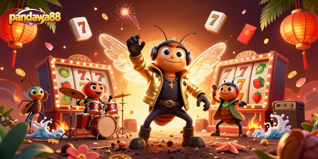 Meriahkan permainan di pandawa88 dengan cicada rock star dan slot simbol keberuntungan yang mengelilinginya.