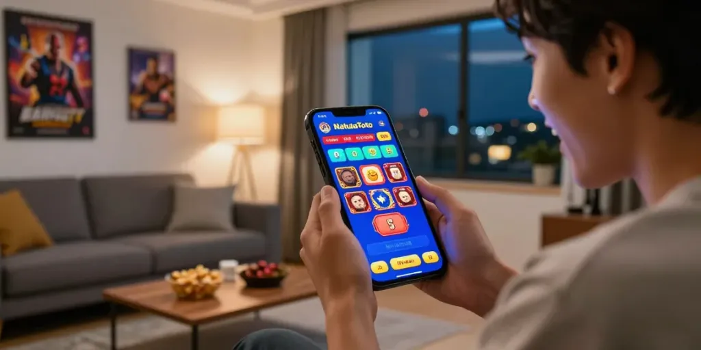 Pengguna natunatoto login di rumah dengan antusias, menggunakan perangkat mobile.