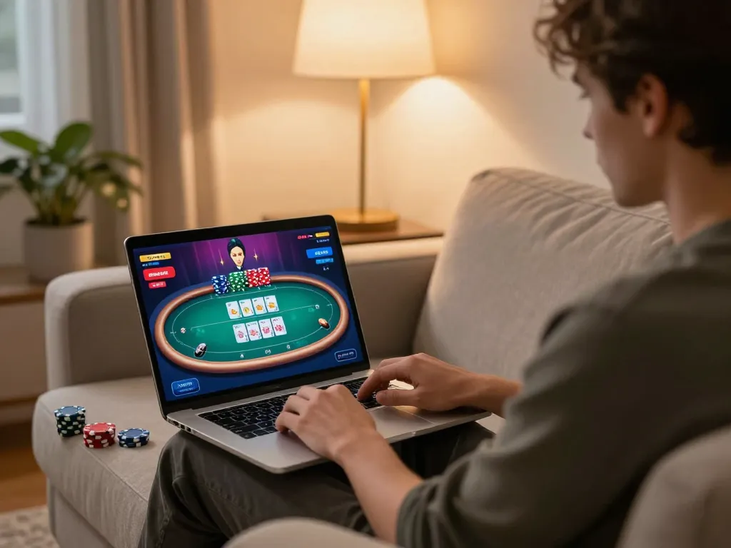 rokok88 gaming session with active poker interface on laptop in cozy home setting