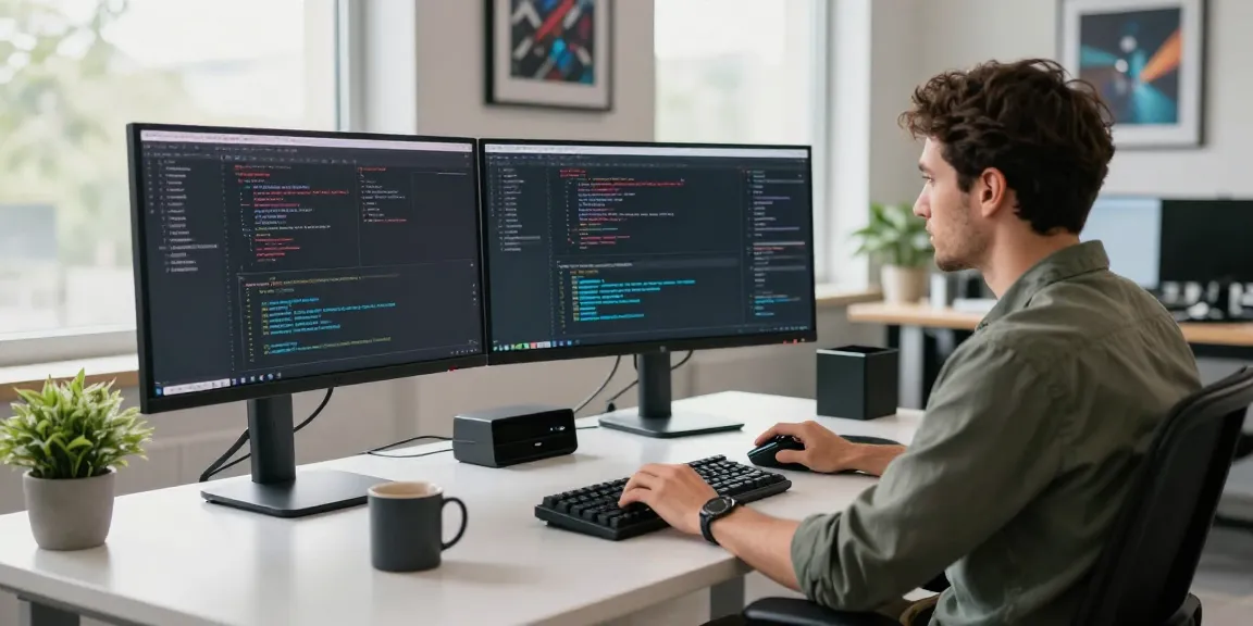 Focused developer coding at a modern workspace featuring jebol wd software technologies.