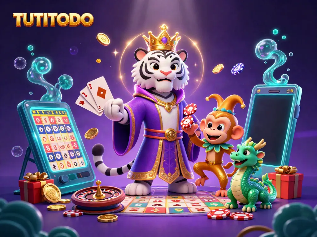 TUTITOTO showcases a vibrant lottery scene with a white tiger, monkey juggling chips, and interactive game elements.