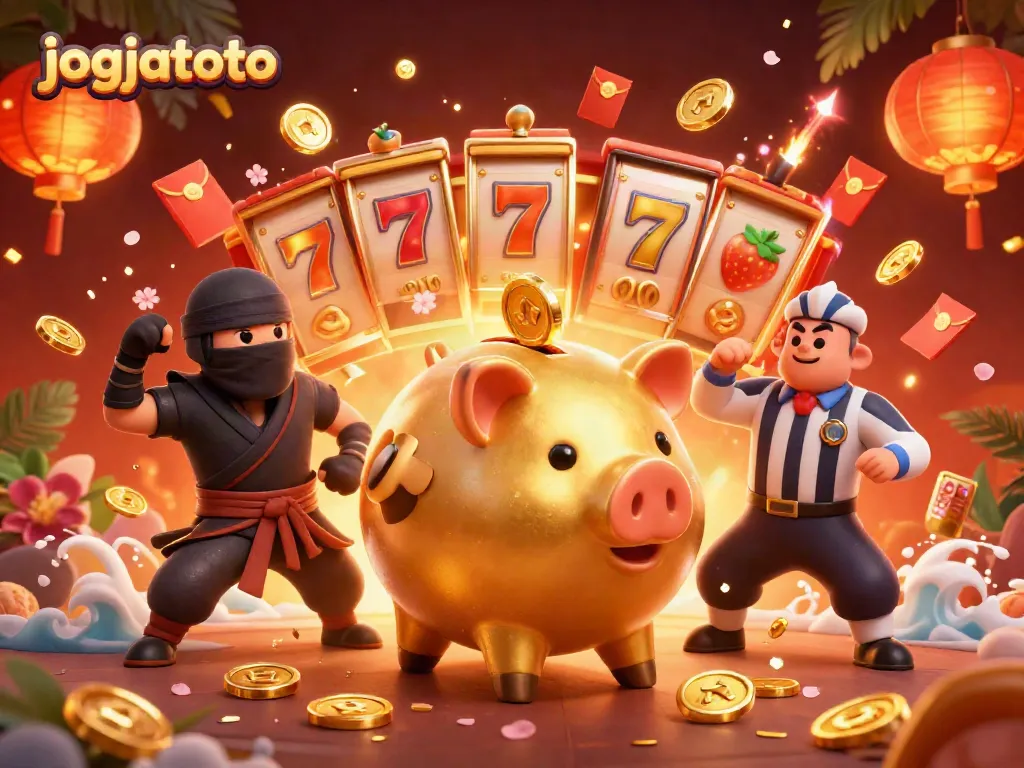 Experience thrilling gameplay with jogjatoto, featuring a dynamic scene of casino elements including a golden piggy bank and slot reels.