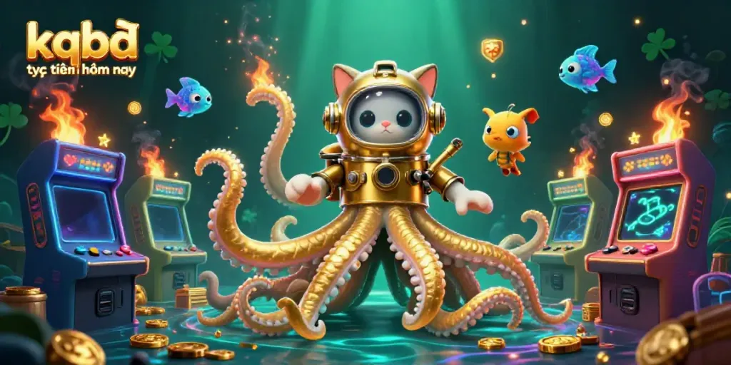 Experience kqbđ trực tuyến hôm nay with an action-packed scene featuring a kraken and a diving cat amidst vibrant gaming elements.