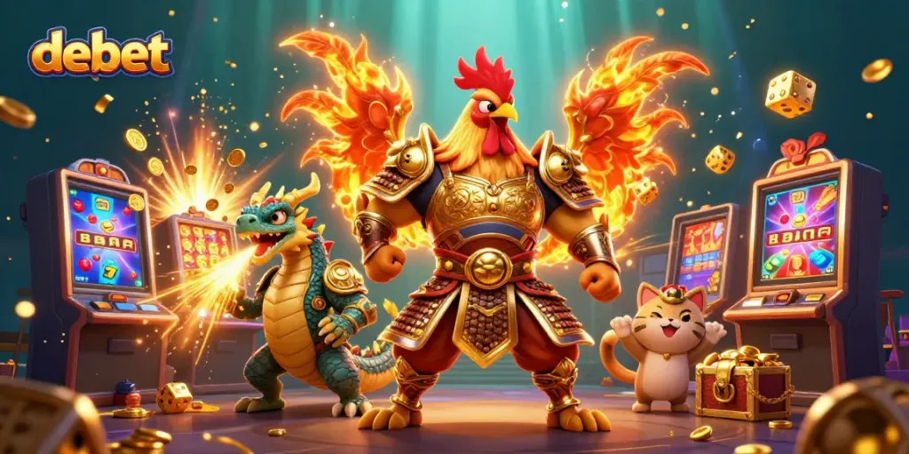 Experience exciting gaming adventures with Debet's illustrated casino scene featuring bold characters and vibrant game elements.