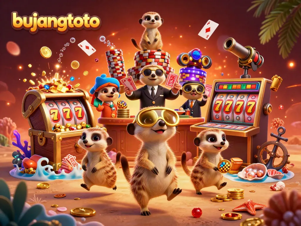 Bujangtoto meerkats operating a vibrant casino scene with rich detail and animations.