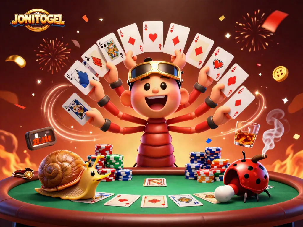 JONITOGEL invites excitement with a cartoon millipede dealer fanning cards at a vibrant casino.
