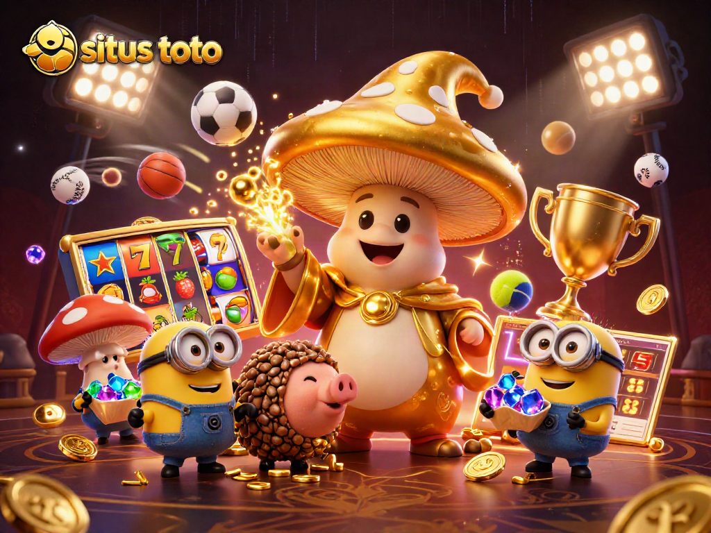 Bermain situs toto dengan karakter ajaib, simbol slot, dan bola olahraga berenergi tinggi.