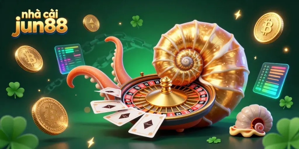 Experience excitement at nhà cái jun88 with a vibrant casino scene featuring a golden nautilus roulette wheel.