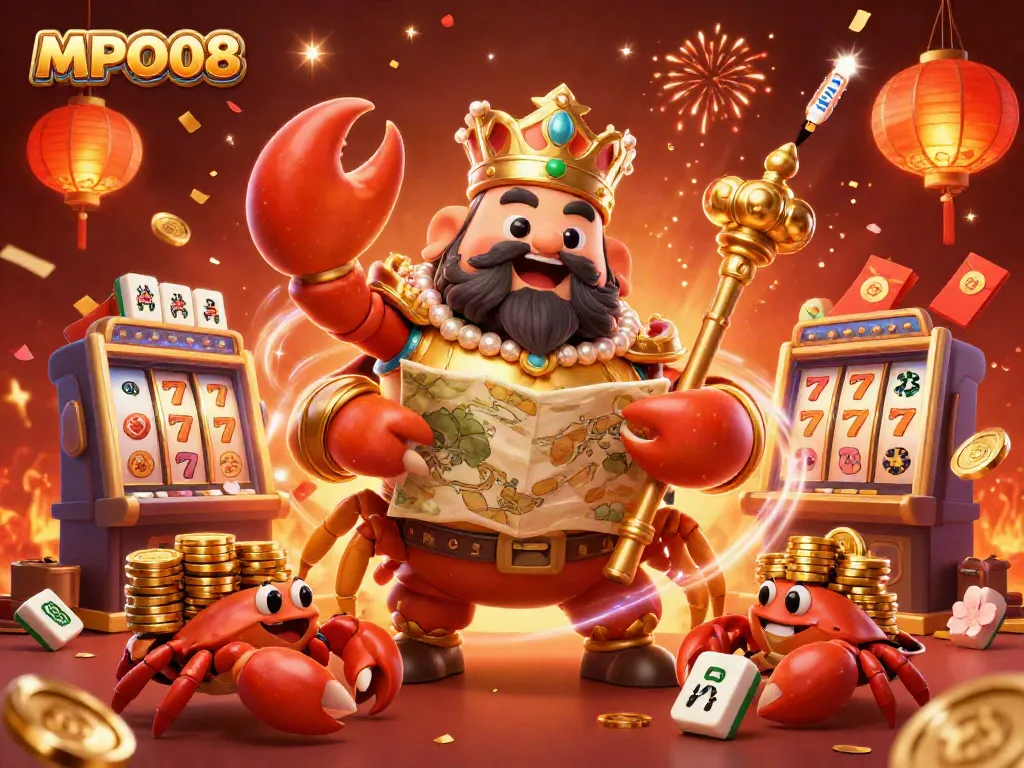MPO08 showcases a vibrant casino scene featuring a golden crab emperor, slot machines, and festive elements.