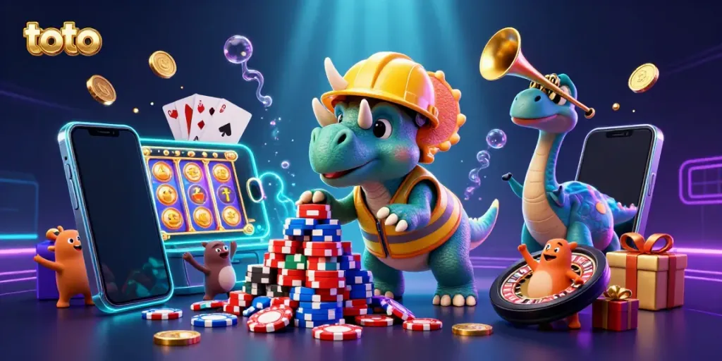 Experience thrilling toto gameplay with a cartoon triceratops and friends celebrating casino wins.