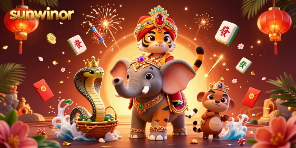 Experience festive gambling with sunwinor as animated characters celebrate among dazzling casino elements.