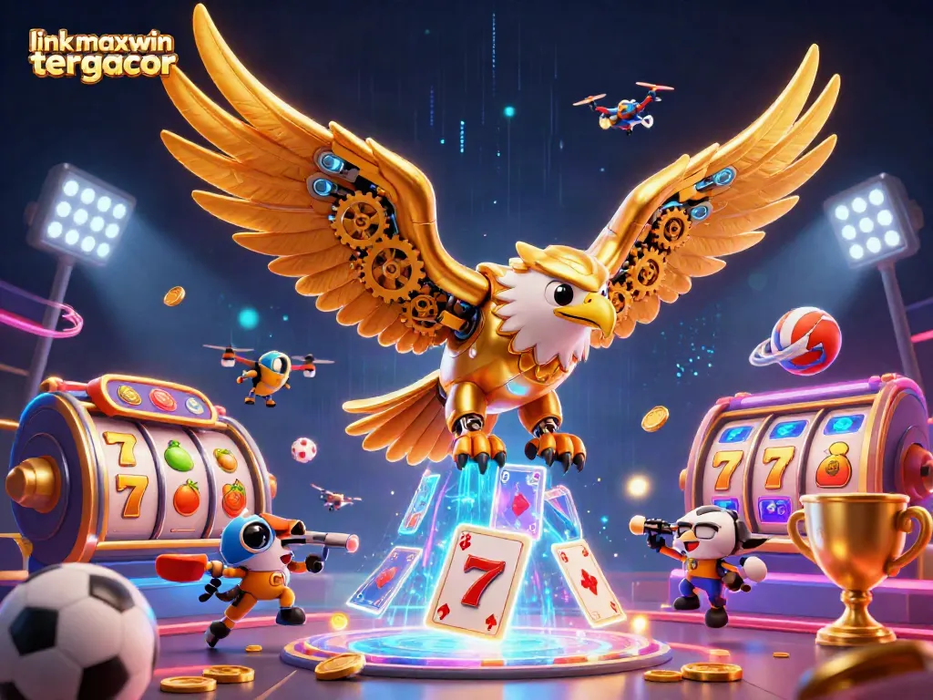 Engage with link maxwin tergacor through a dynamic 3D scene featuring a golden eagle and holographic cards.
