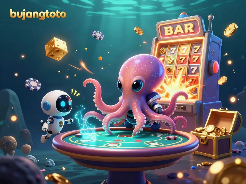 Experience excitement with bujangtoto in a vibrant casino-themed 3D alien scene bursting with energy.