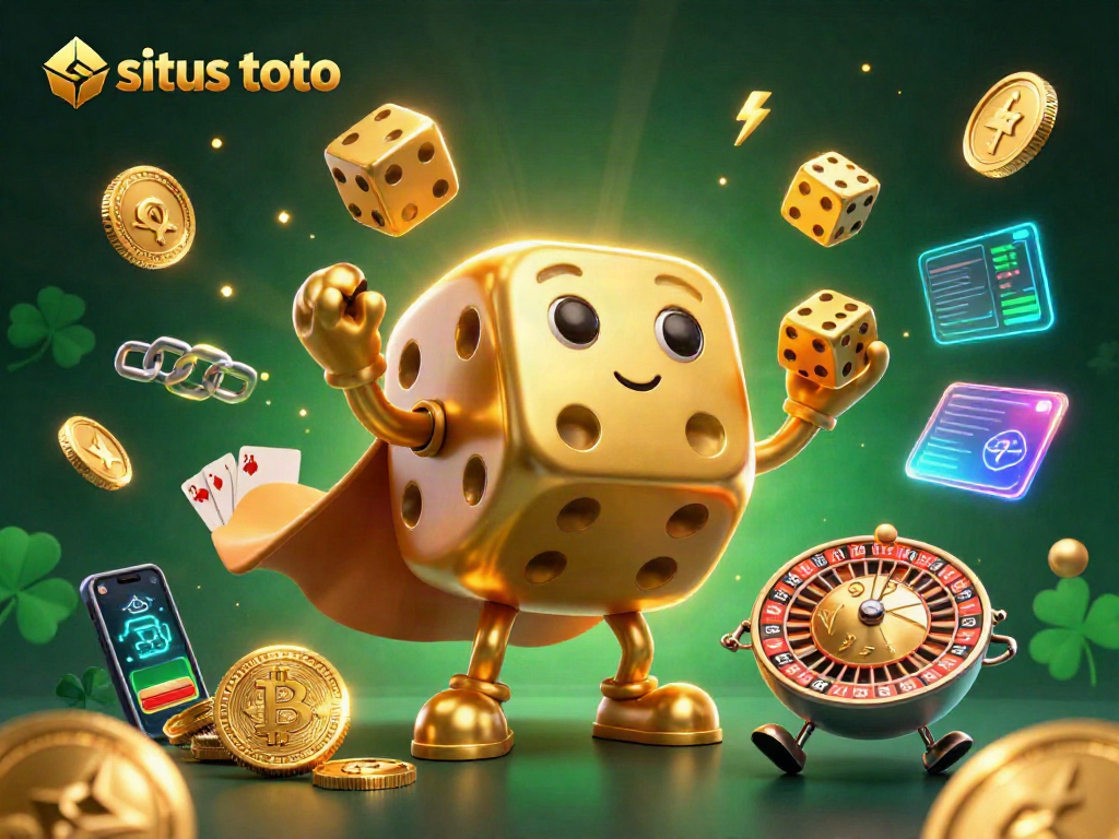 Permainan situs toto yang menarik dengan dadu emas raksasa dan elemen digital futuristik.