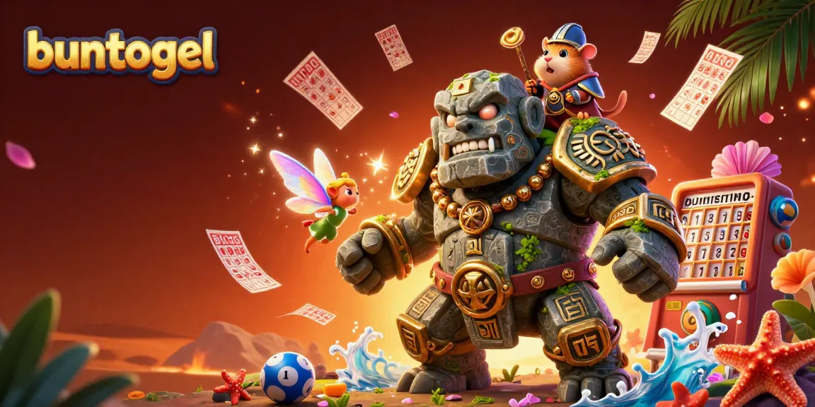 Buntogel's captivating illustration features a magical golem guardian alongside a fairy and a hamster knight, immersed in a vibrant lottery scene.