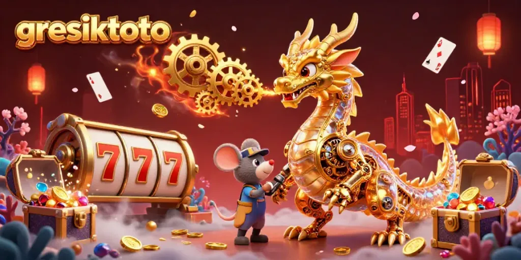 Experience the thrilling action of gresiktoto with a vibrant, detailed 3D illustration of a dragon and gaming elements.