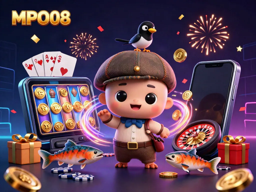 Join MPO08's vibrant gaming scene with playful characters and immersive casino elements.