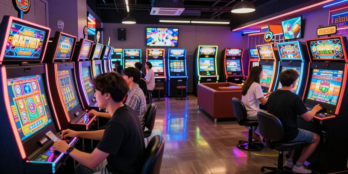 Penggemar Slot bermain mesin di arcade modern yang cerah.