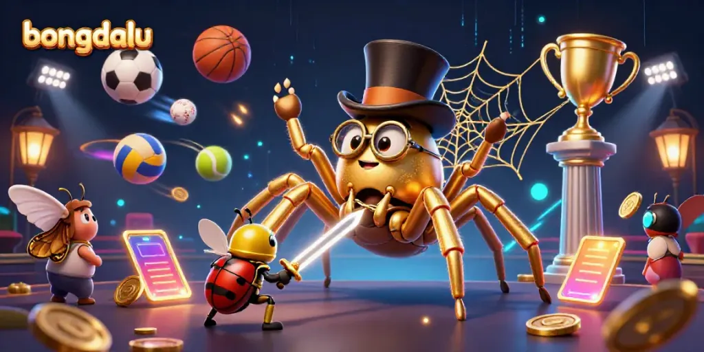 Bongdalu showcases an energetic scene with a golden tarantula and a beetle knight among dynamic sports elements.
