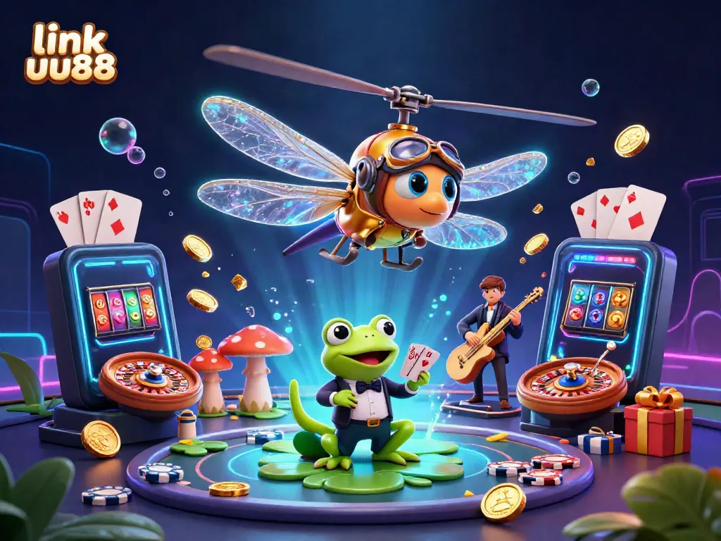 Experience thrilling casino action with link uu88 as a dragonfly pilot hovers over a lily pad casino, with vibrant games surrounding.