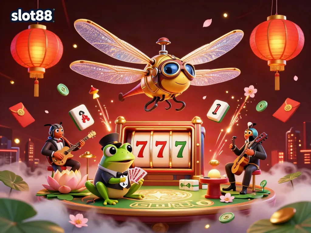 Engage with slot88 at a vibrant lily pad casino with a dragonfly pilot and a frog croupier.