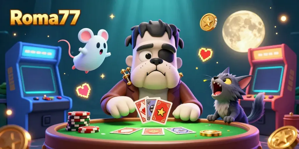 Engage in thrilling gameplay with Roma77, featuring fun characters, cards, and vibrant gaming elements.