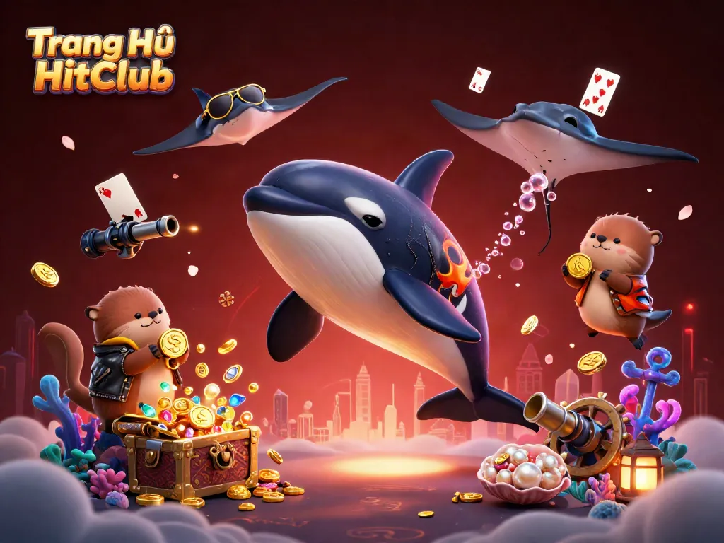 Experience excitement at Trang Chủ HitClub with an orca in a biker jacket and sea otters amidst golden coins.