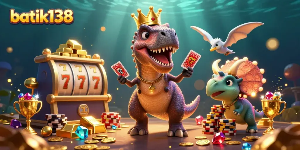 Gambaran batik138 dengan T-Rex lucu dan karakter bermain kartu di kasino dengan chip emas