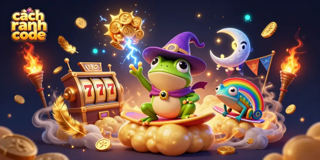 Experience cách nhận code with vibrant casino-themed illustration showcasing a treasure-filled adventure.
