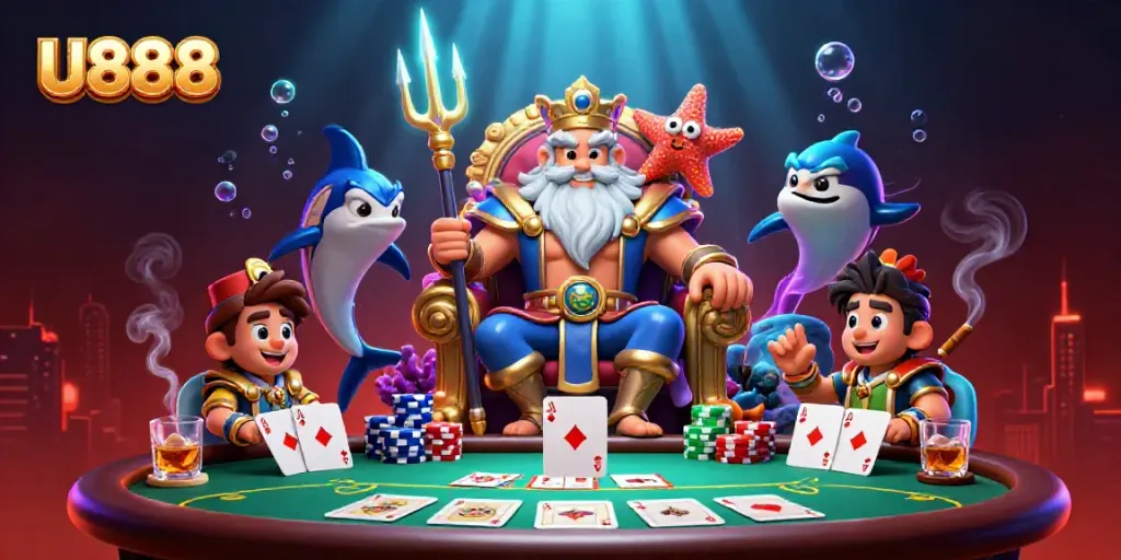 Experience thrilling U888 gameplay with a vibrant cartoon sea king and poker elements in a dynamic casino scene.
