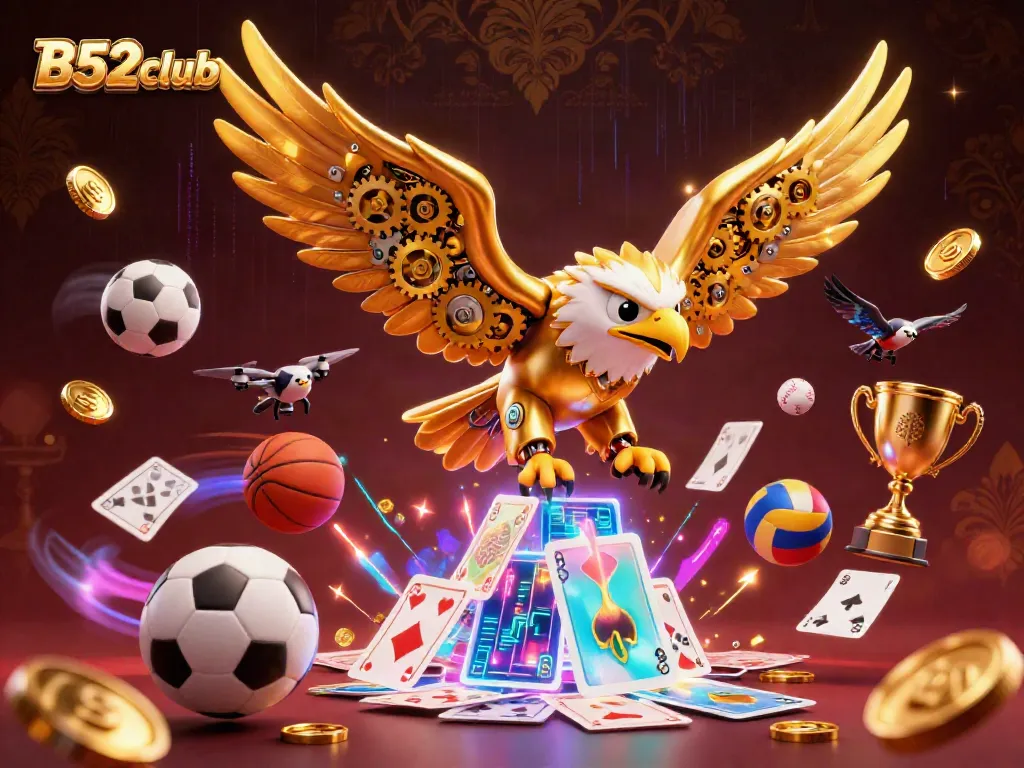 Experience the thrill of B52club with a dynamic 3D scene featuring a cybernetic eagle and vibrant gaming elements.