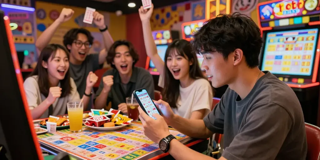 Kelompok teman merayakan hasil Toto Macau 4D terbaru sambil melihat tiket undian dan menggunakan ponsel di suasana ceria.