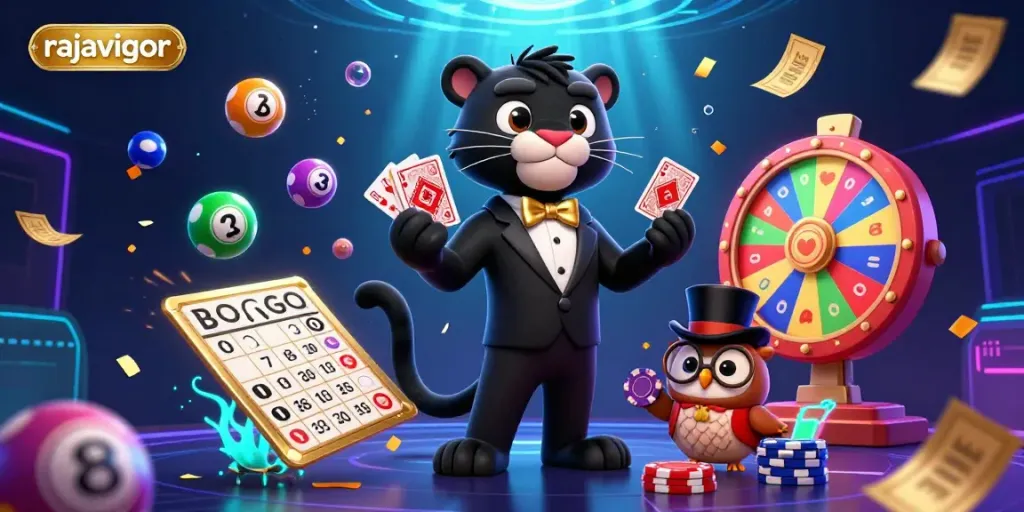 Engage with rajavigor's vibrant gaming scene featuring a stylish panther and friends amidst colorful lottery elements.