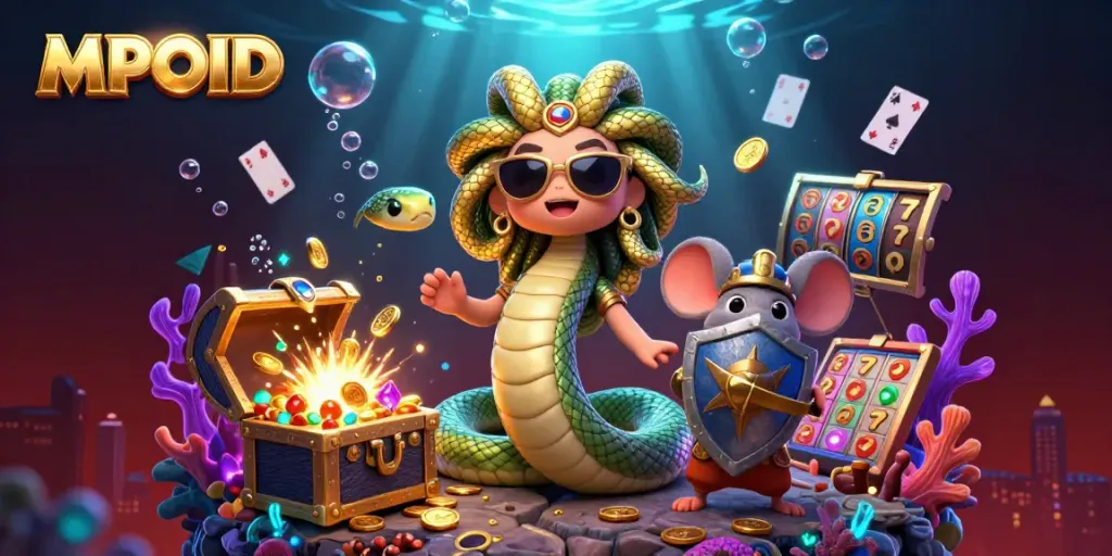 MPOID immerses players in an engaging 3D casino scene featuring Medusa and vibrant gold treasures.