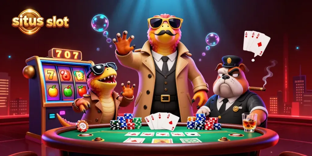 Menangkan jackpot di situs slot dengan ilustrasi kasino, menunjukkan raptor kartun dan bouncer bulldog.