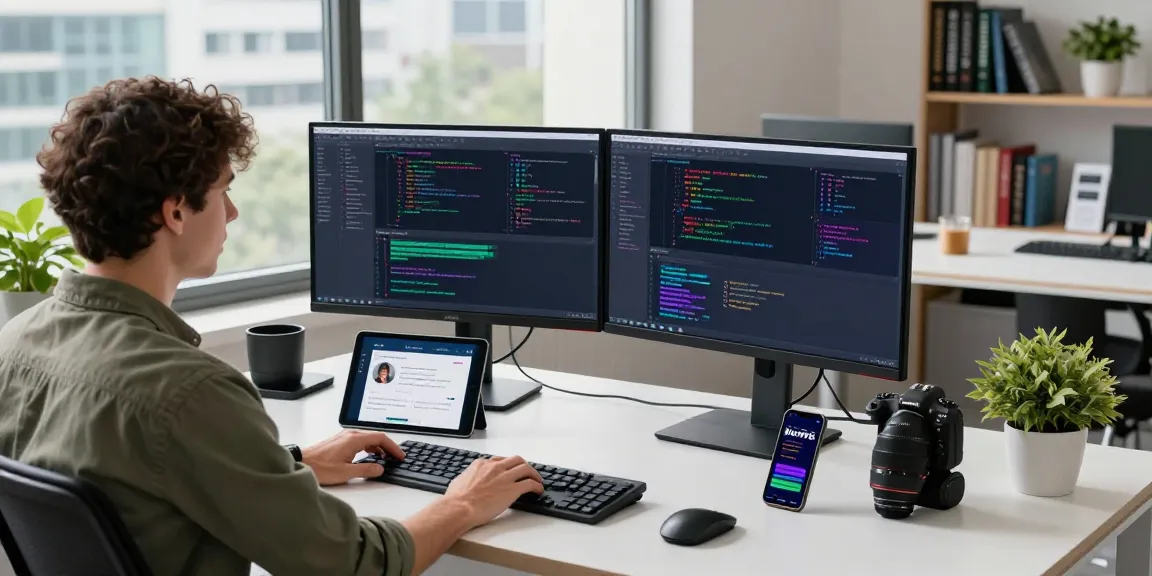 A developer troubleshooting features in a proxy browser software, surrounded by tech gadgets in a modern workspace.