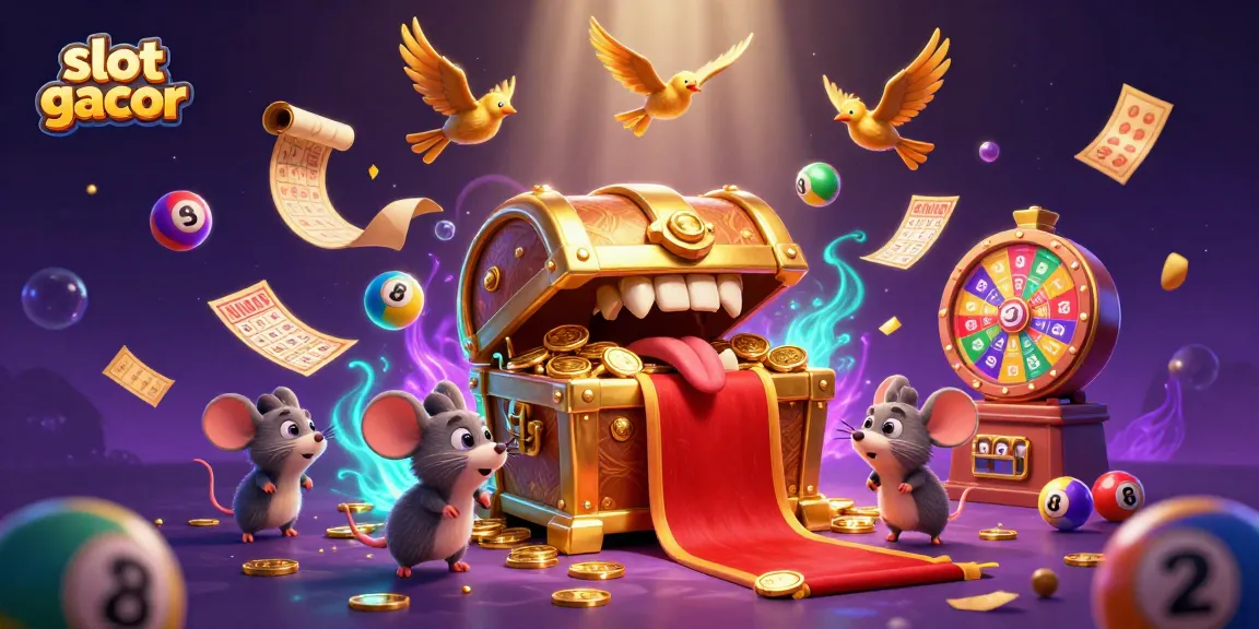 Engage with slot gacor in a colorful, dynamic gambling scene featuring lottery balls and a treasure chest.