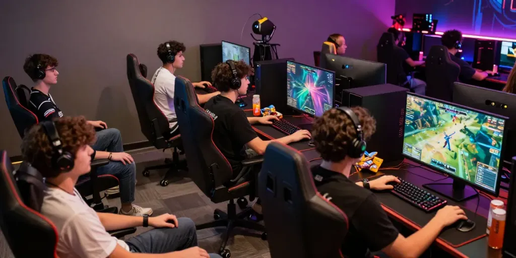 Gamer berkompetisi di situs gacor dengan suasana seru dan peralatan modern.