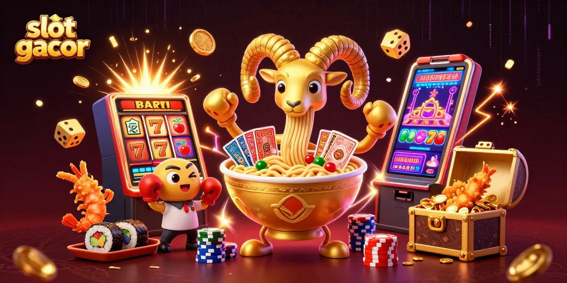 Slot gacor: ilustrasi menggairahkan pertandingan kasino dengan karakter unik dan mesin slot yang meledak.