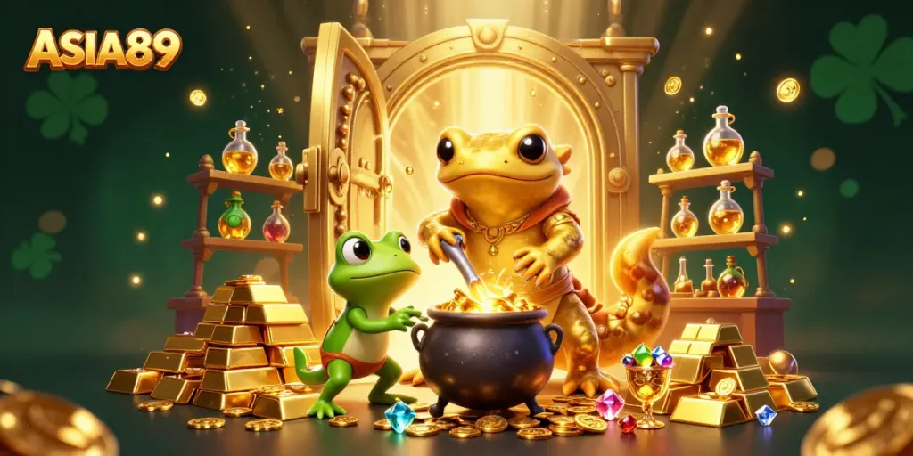 Engage with ASIA89's exciting gaming realm featuring alchemical gold production amidst treasures.