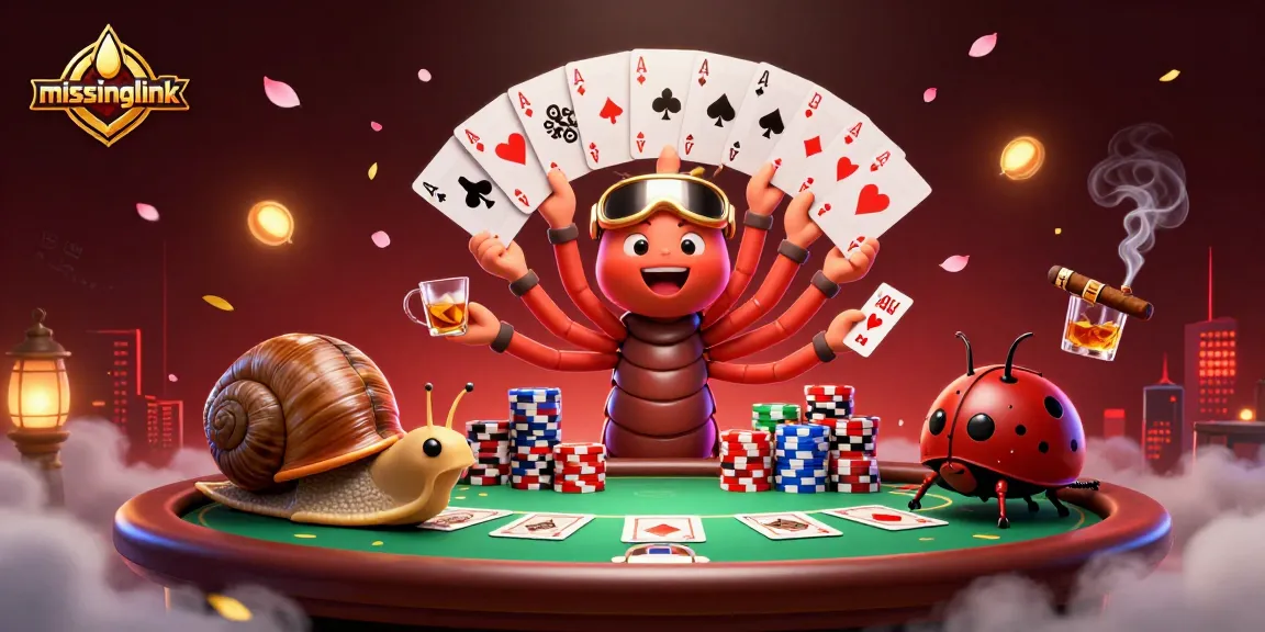 Experience the thrill of gaming on missinglink, as a cartoon millipede dealer fans impressive hands of cards amidst vibrant chips and excitement.