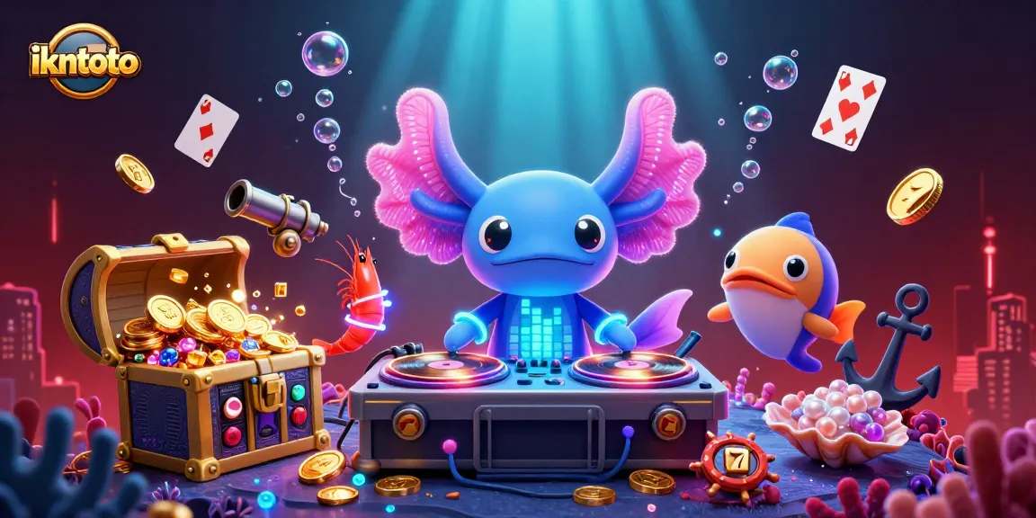 Engage with ikntoto's vibrant casino scene featuring a DJ axolotl and lively shrimp.